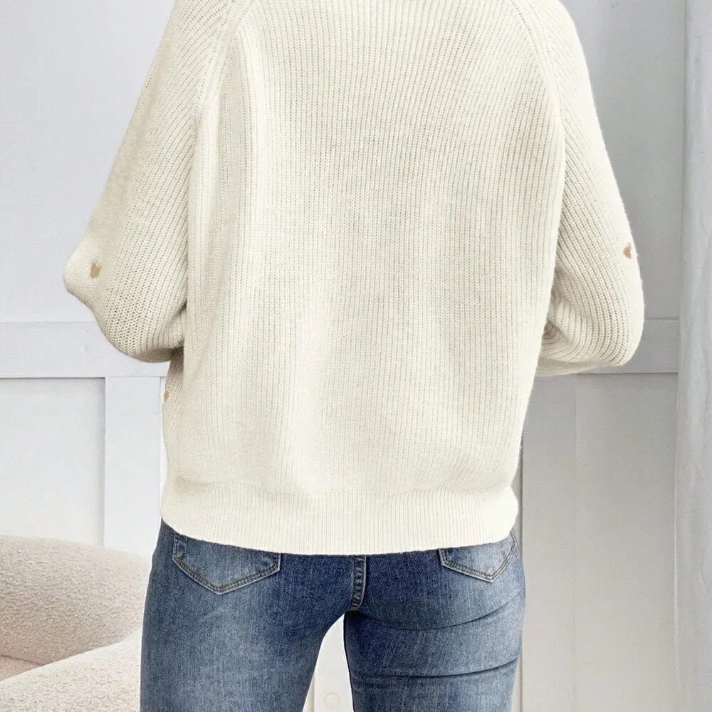 White Casual Women's Cardigan With Heart Embroidery